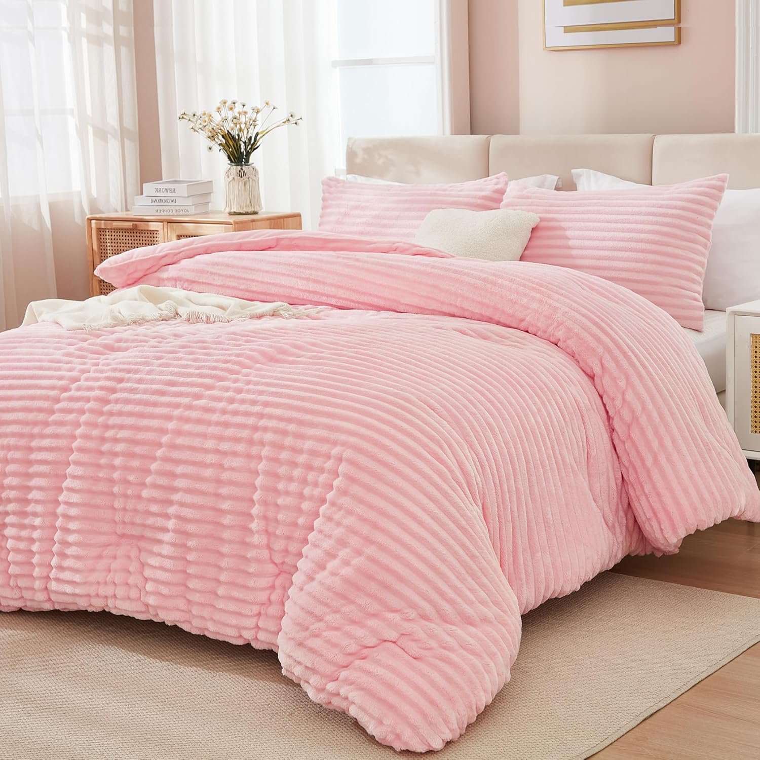 Striped Plush Fleece Comforter Set