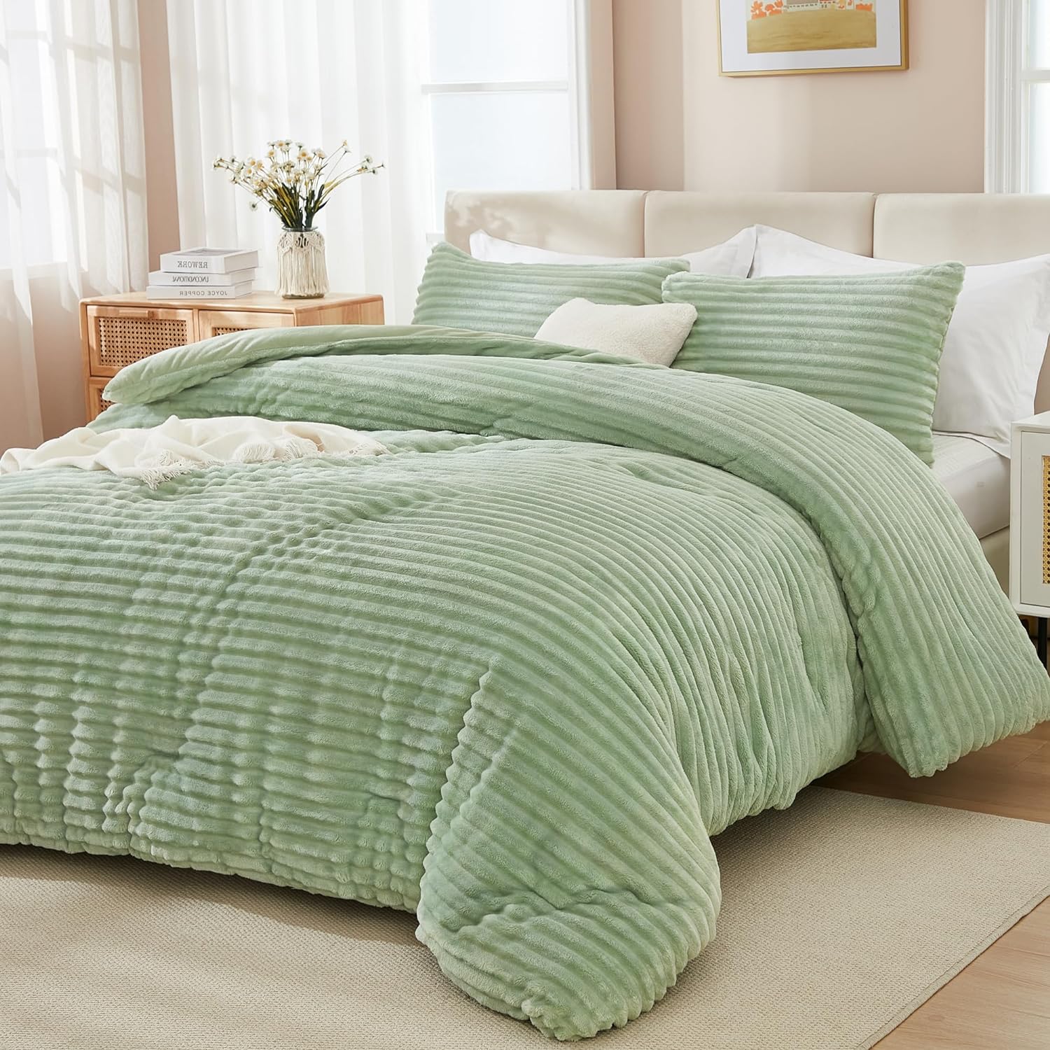 Striped Plush Fleece Comforter Set